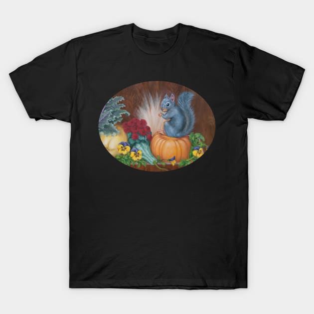 Gray Squirrel on Pumpkin with Fall Flowers T-Shirt by AnimalWhimsy